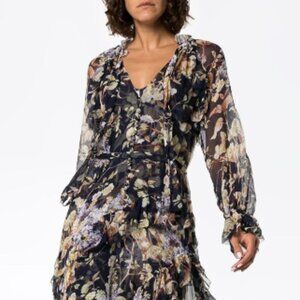 ZIMMERMANN Wisteria Midnight Blue Sabotage Ruffle Midi Dress Floral US Size 8-10